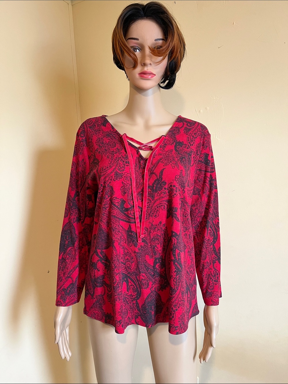 Cato Red Paisley Lace-Up V-Neck Tunic